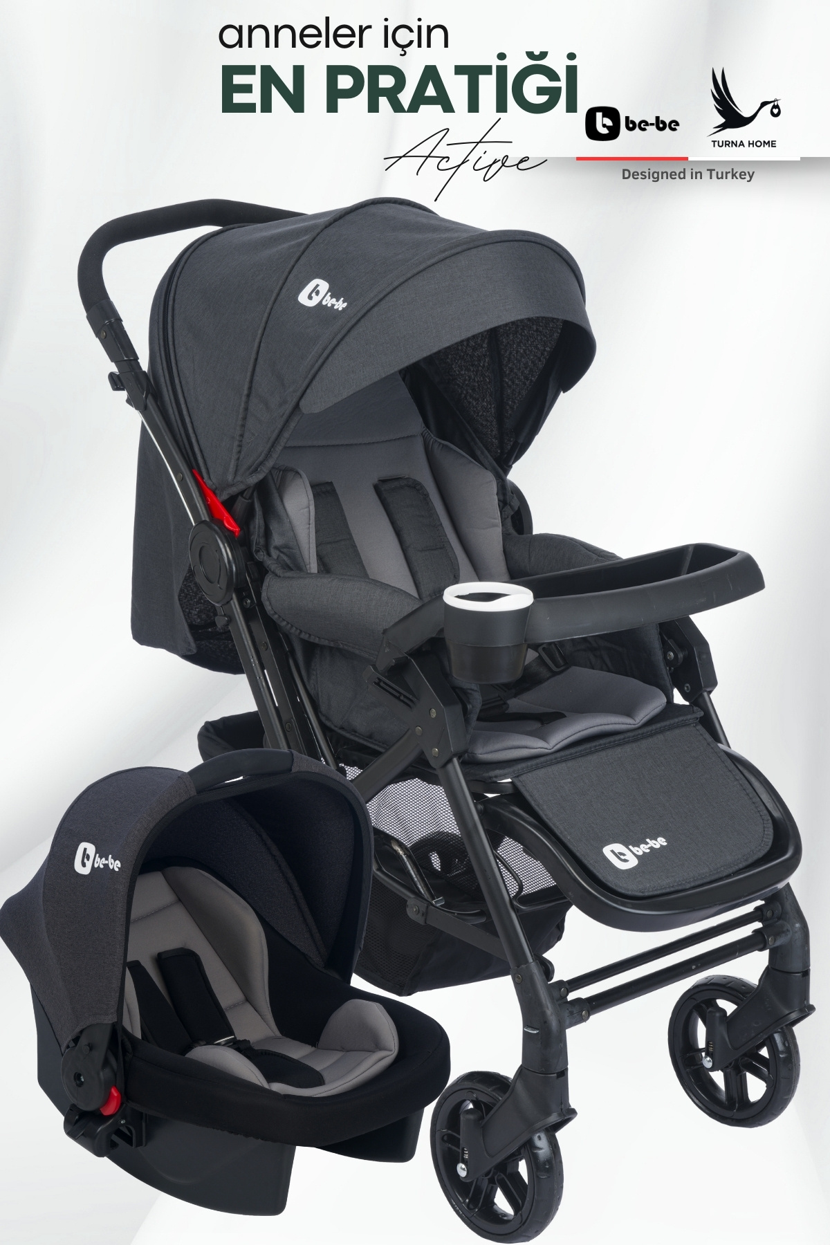 Be-Be Active Travel Çift Yön Tam Yatış Pozisyonlu Pratik Katlanır Mama Tablalı Pusetli Bebek Arabası