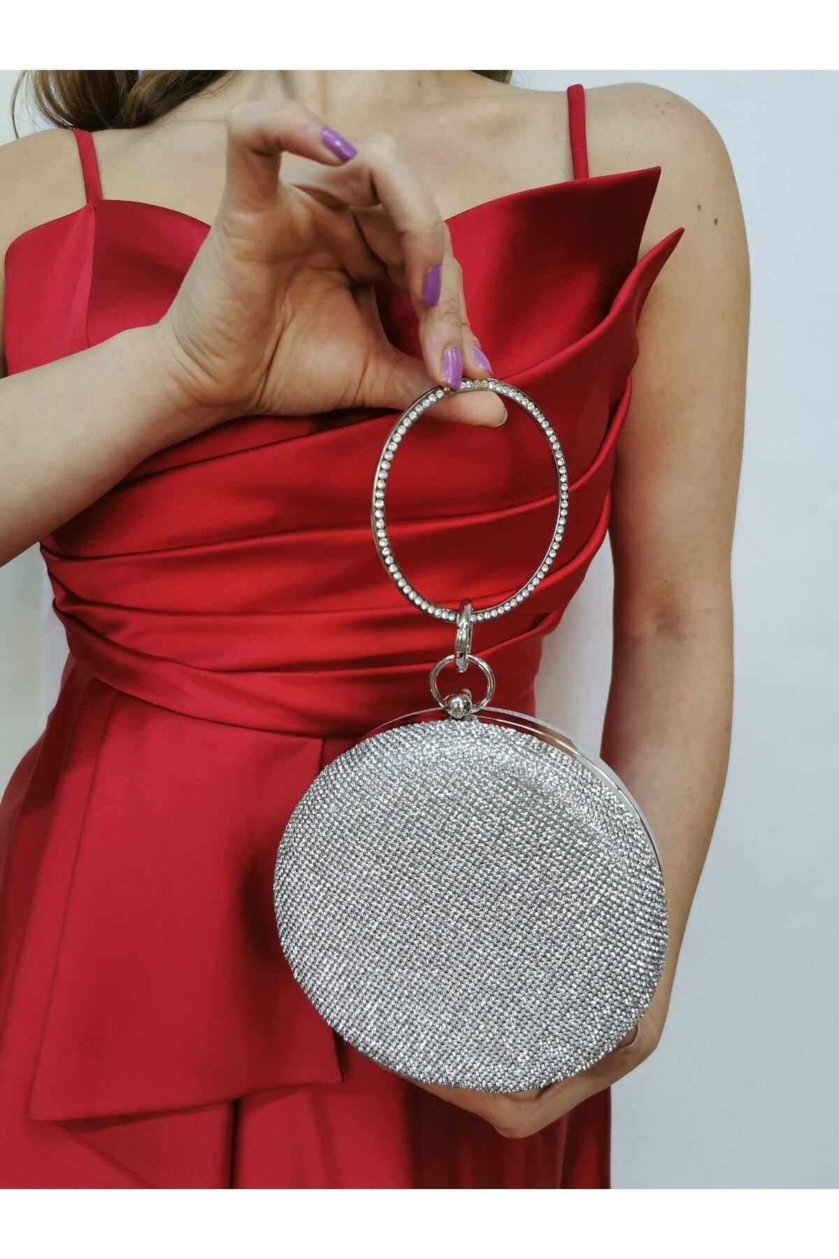NAZART Women s Evening Dress Clutch Portfolio Bag with Round Silver Stone Bracelet Accessories Trendyol
