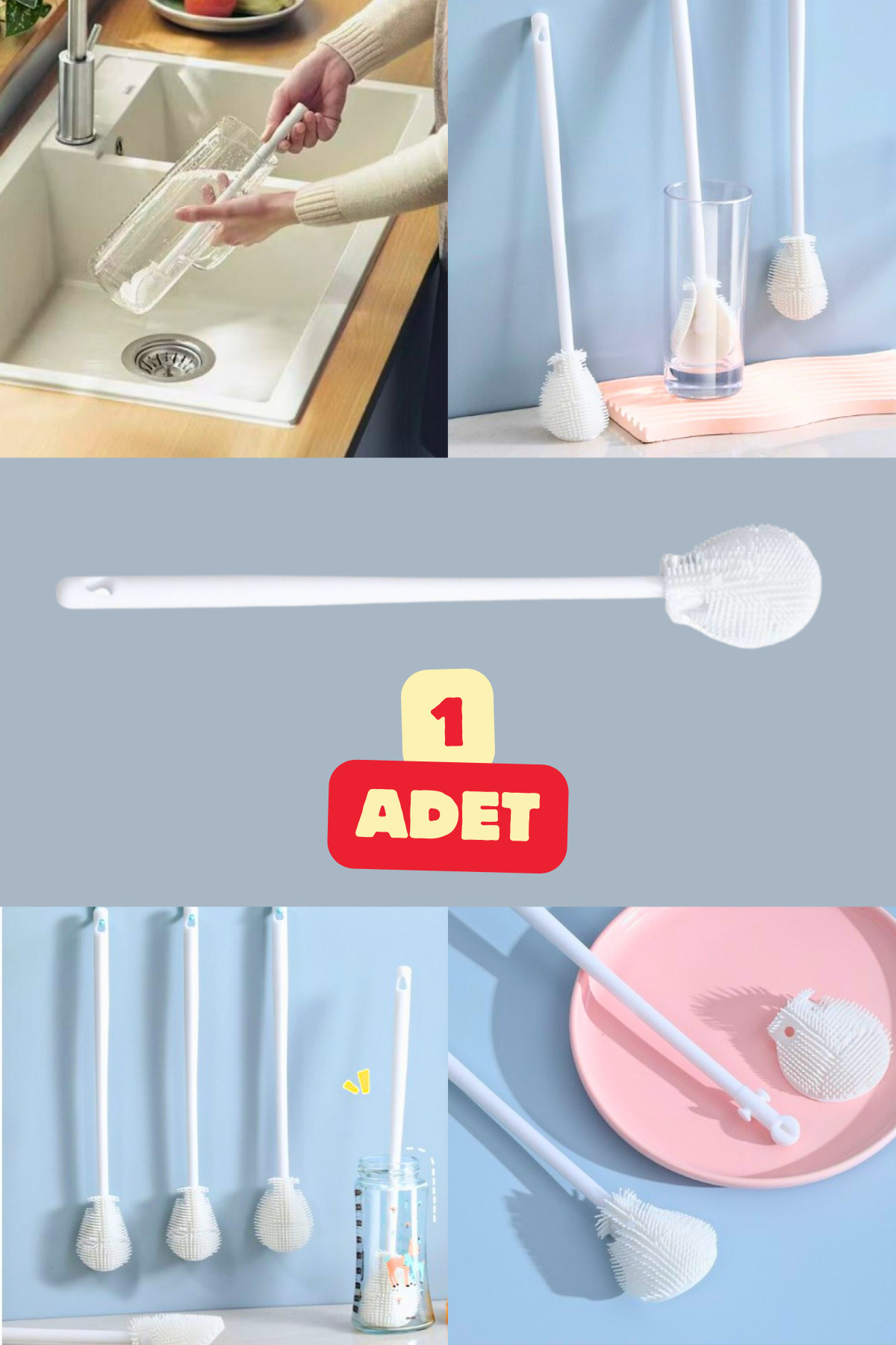 Vekorr 1 Adet Mutfak Banyo Kavanoz Matara Biberon Temizleme Fırçası Silikon Ergonomik Uzun Saplı Fırça