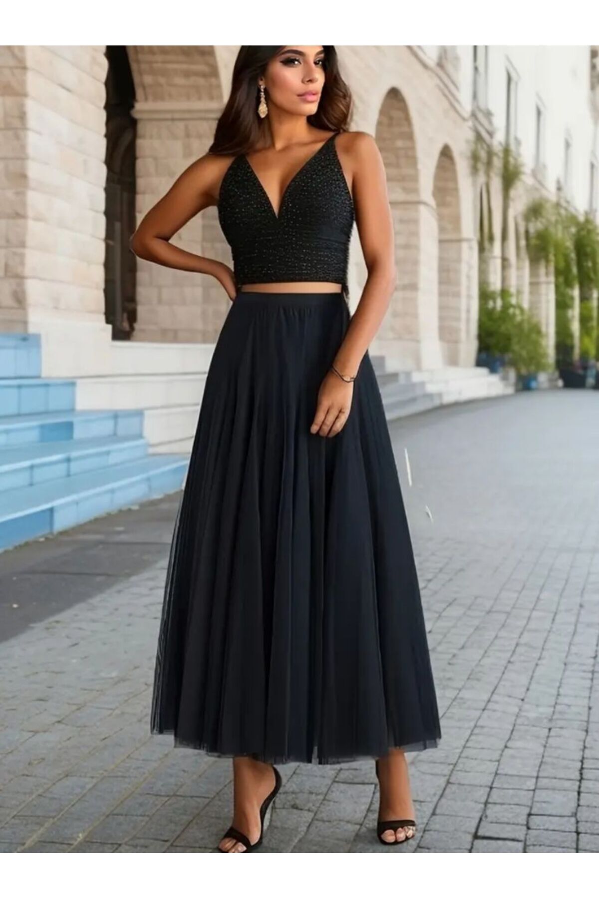 GUUZİA  Parçalı Astarlı Beli Lastikli Siyah Tül Etek - Görsel 3