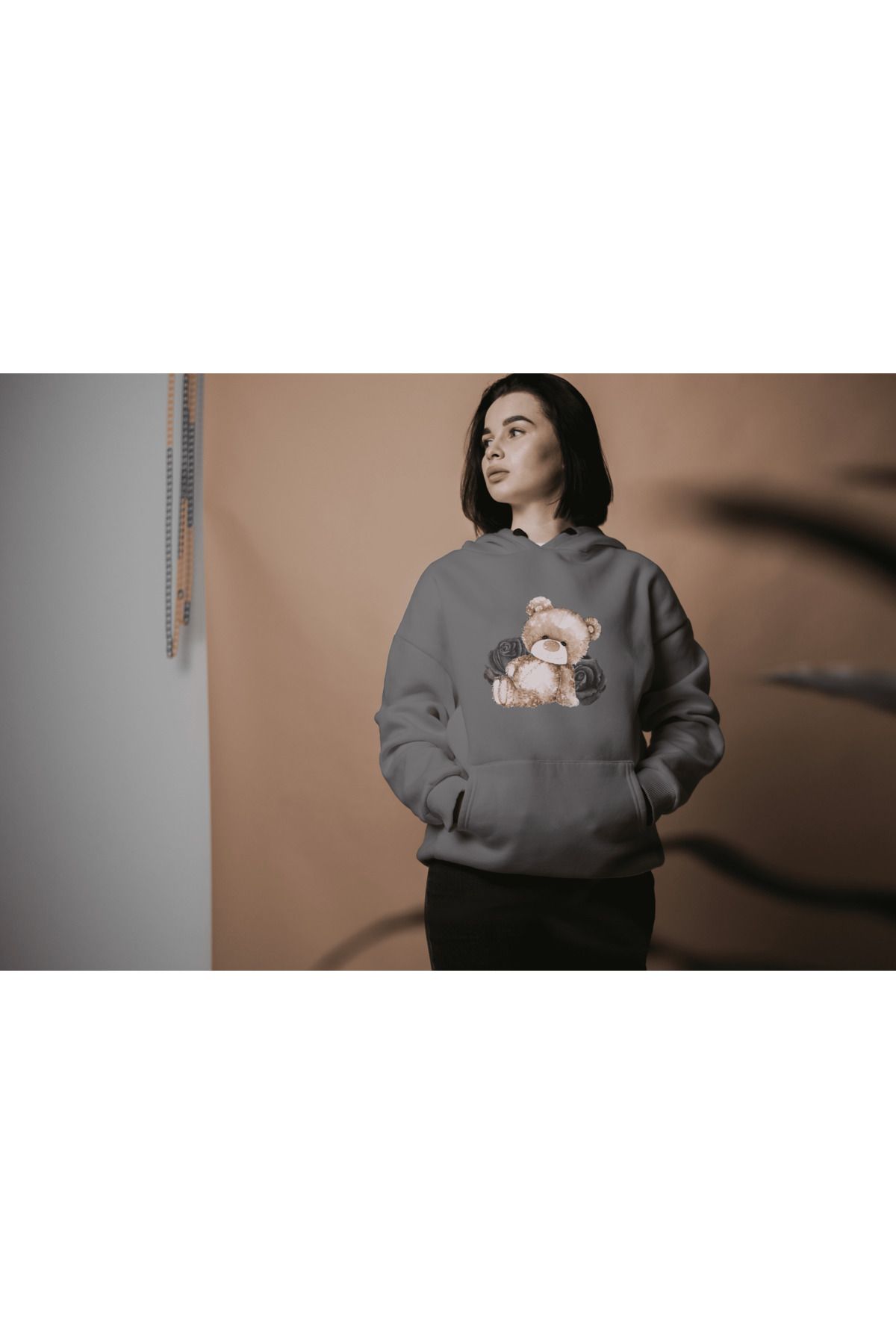 LAND MODA gri - baskili kapşonlu oversize sweatshirt