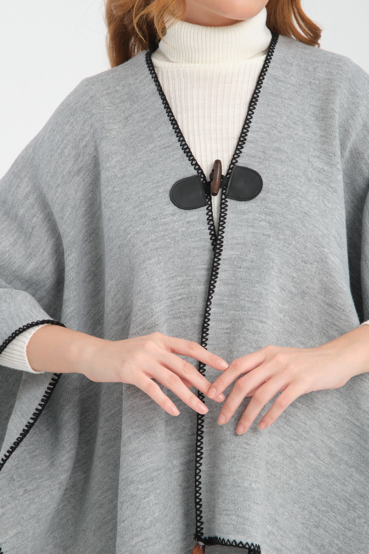 VEGA MODA-Stylish Designed Plain Knitwear Poncho - Patternless Shawl Poncho with Button Detail 2