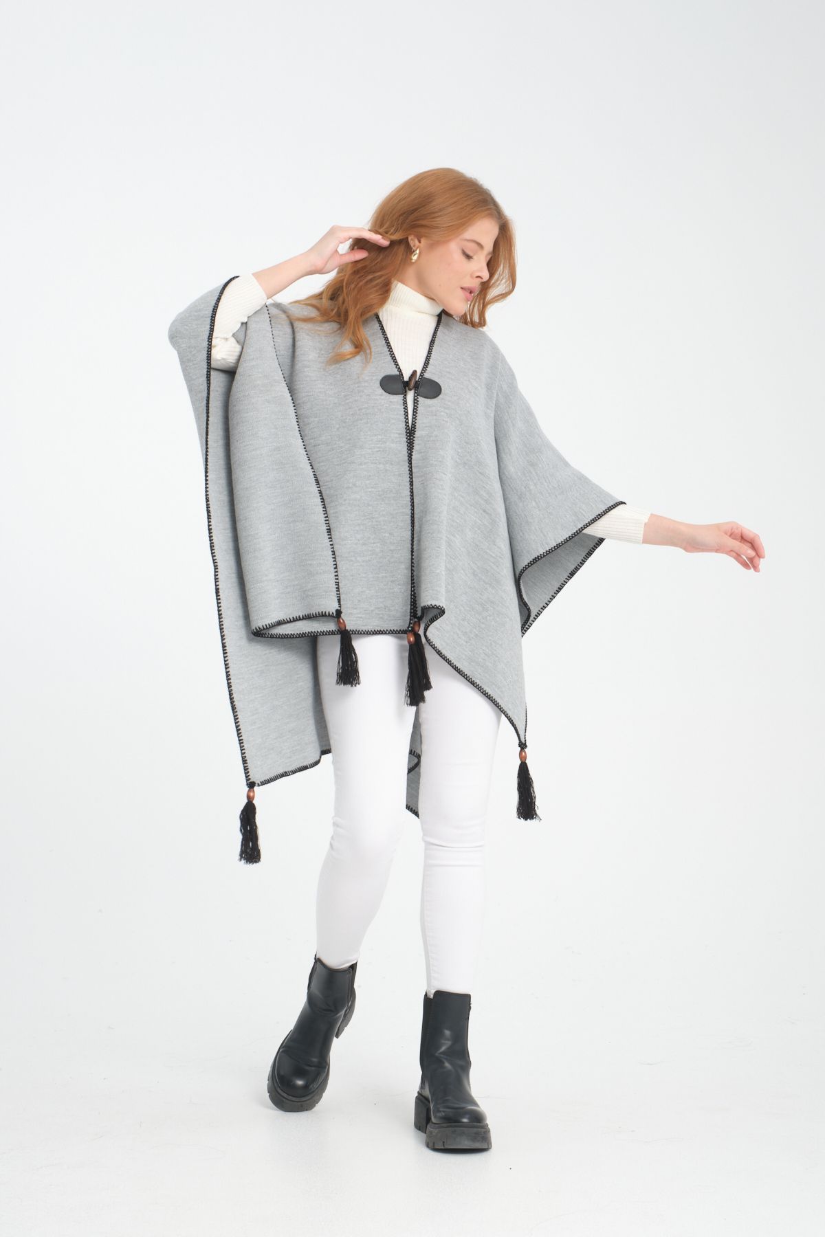 VEGA MODA-Stylish Designed Plain Knitwear Poncho - Patternless Shawl Poncho with Button Detail 6