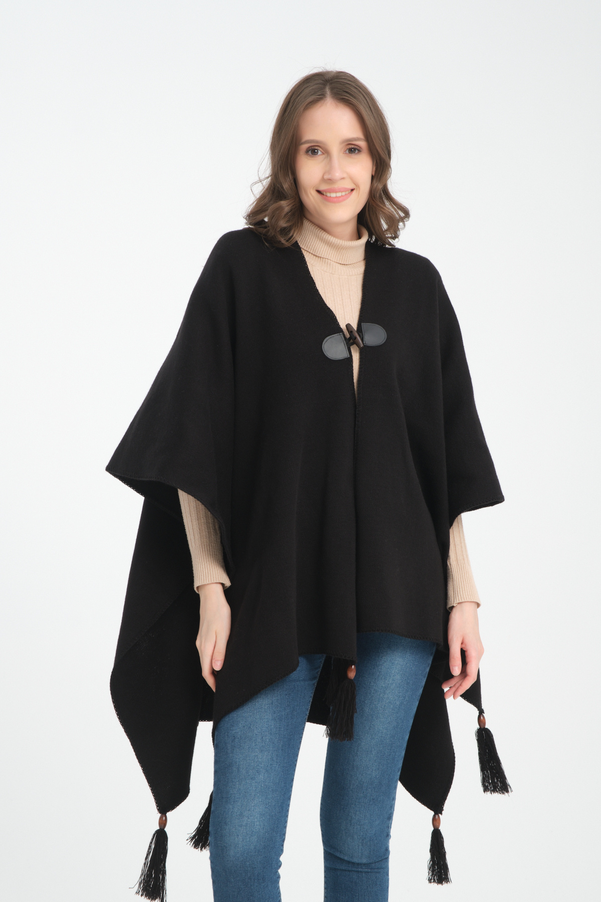 VEGA MODA-Stylish Designed Plain Knitwear Poncho - Patternless Shawl Poncho with Button Detail 7
