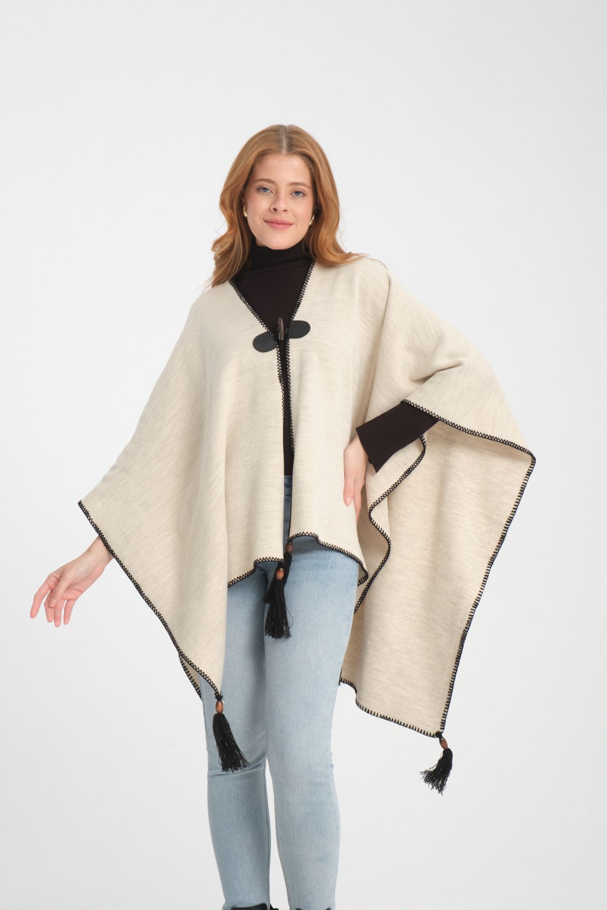 VEGA MODA-Stylish Designed Plain Knitwear Poncho - Button Detailed, Patterned and Interlock 5