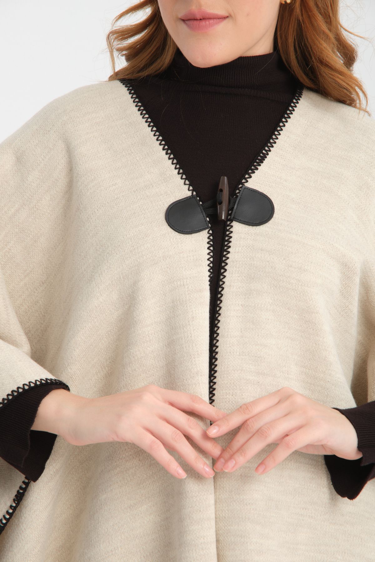 VEGA MODA-Stylish Designed Plain Knitwear Poncho - Button Detailed, Patterned and Interlock 3