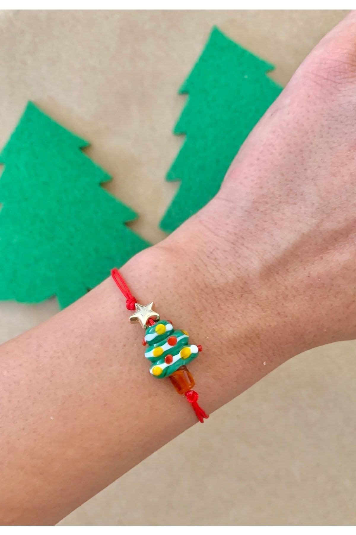 Murano Glass New Year Pine Tree Red Rope Bracelet