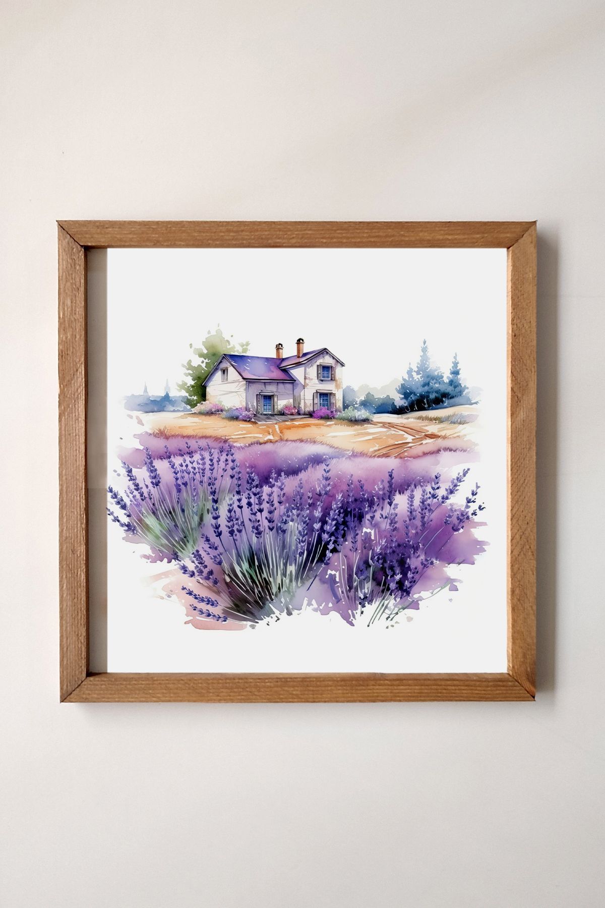 Aesthetic Watercolor Farm Area Surrounded by Flowering Lavender and Roses, Wooden Frame Painting