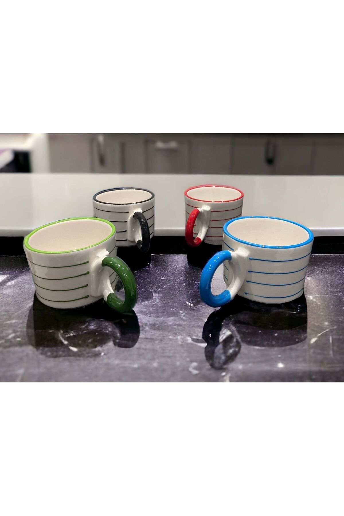 İZart-Handmade Ceramic Mug with 4-Piece Knot Handle and Line Pattern 2