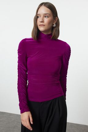 TRENDYOLMİLLA Mor Büzgü/Drape Detaylı Balıkçı Yaka Fitted/Vücuda Oturan Örme Bluz TWOAW25BZ00174