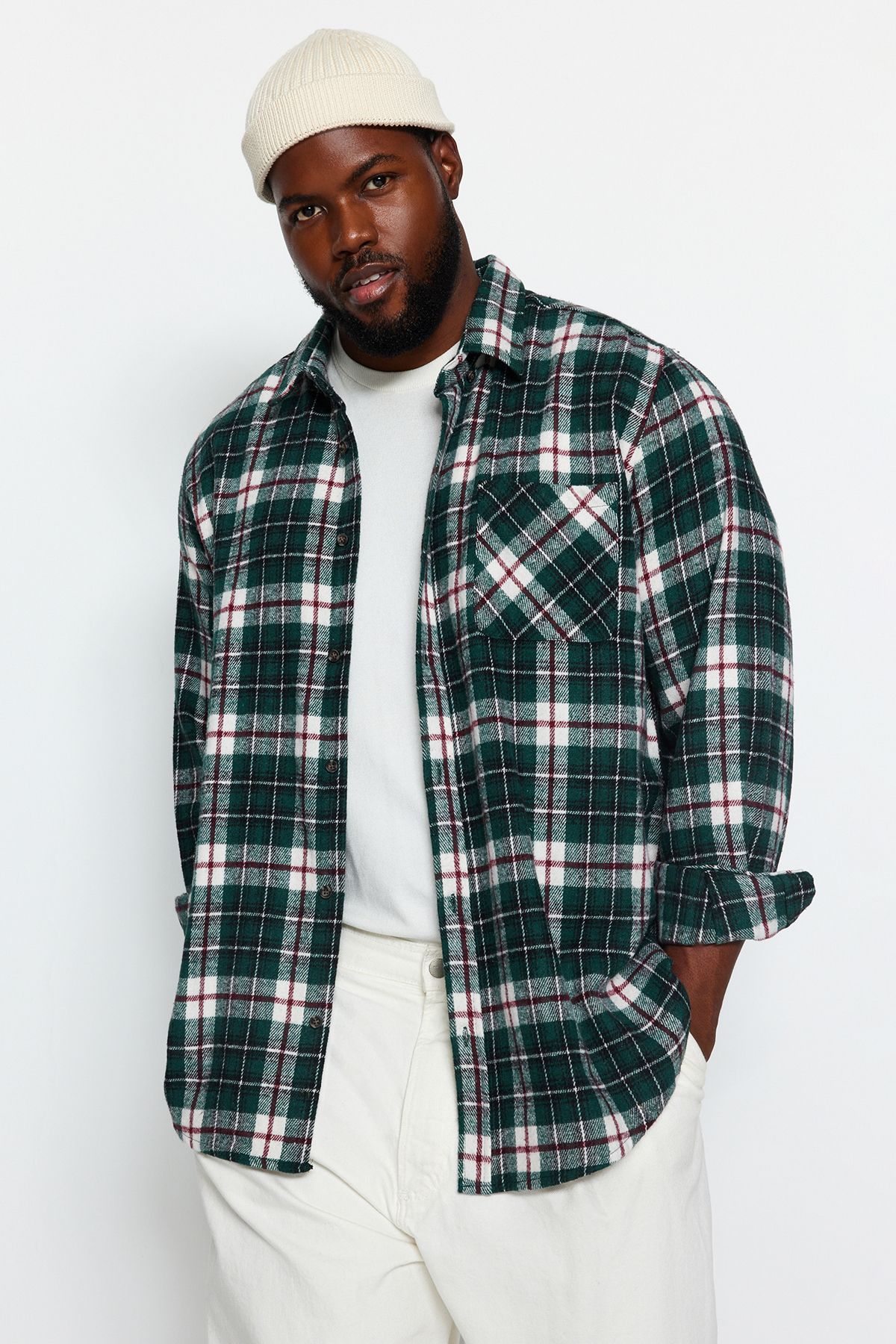 Trendyol Collection-Плюс размер зелена риза Lumberjack - яка с копчета, карирана кройка TMNAW24AX00005 1