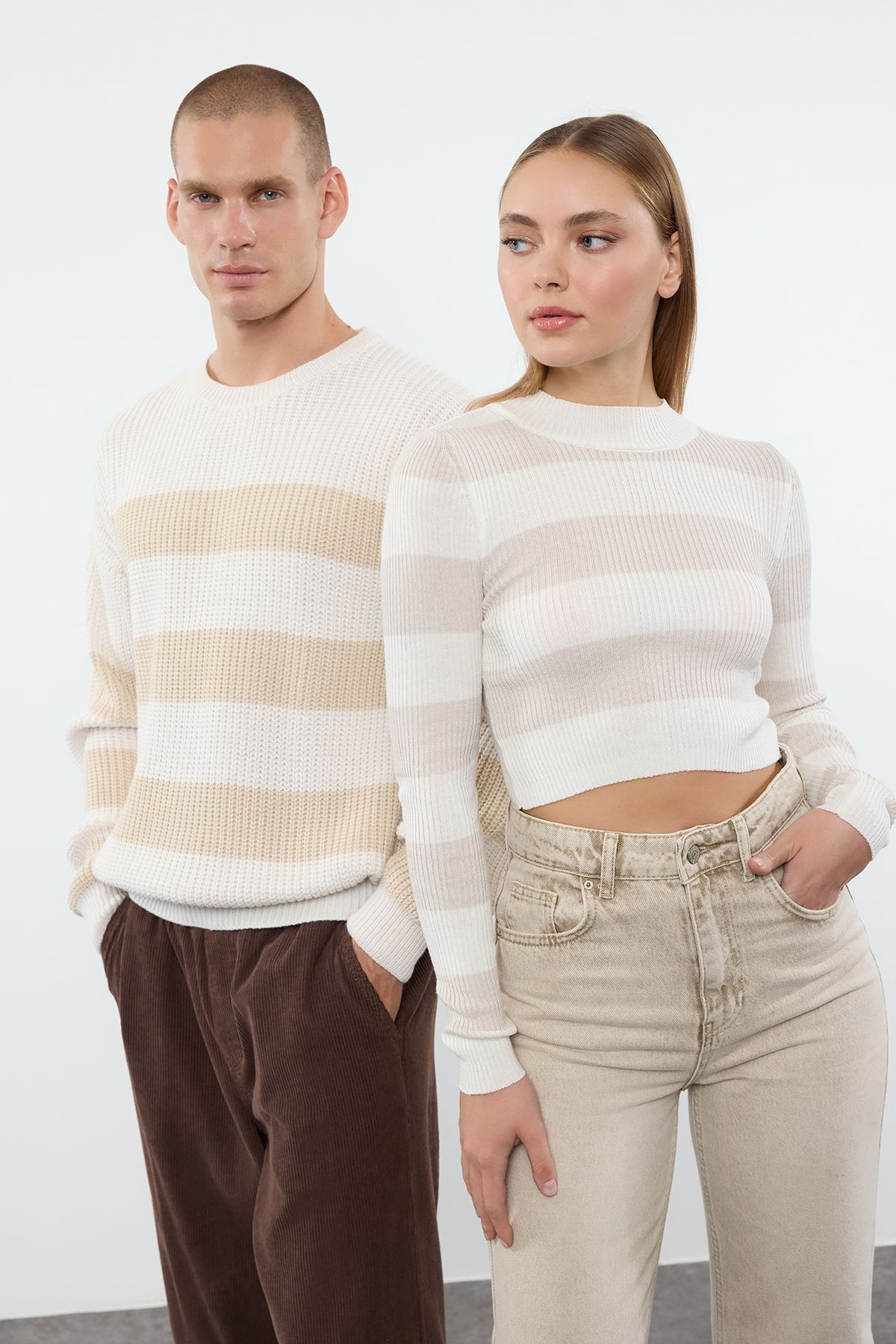 Trendyol Collection-Cotton Ecru Crop Couple Knitwear Sweater - Color Block, Twoaw20Kz0255 2