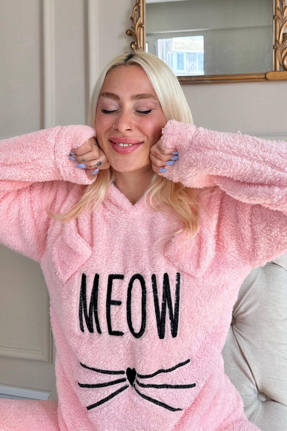 Pijamaevi-Salmon Meow Patterned Full Plush Pajama Set 5