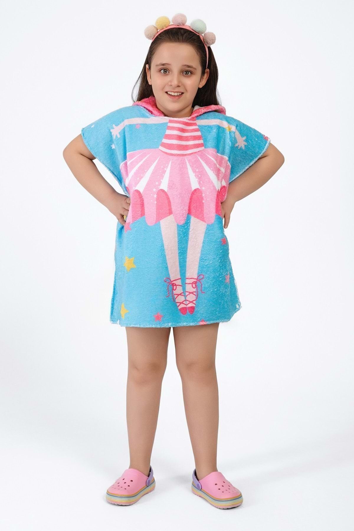 VEVİEN HOME-Ballerina Patterned Poncho Beach Towel for Kids 1