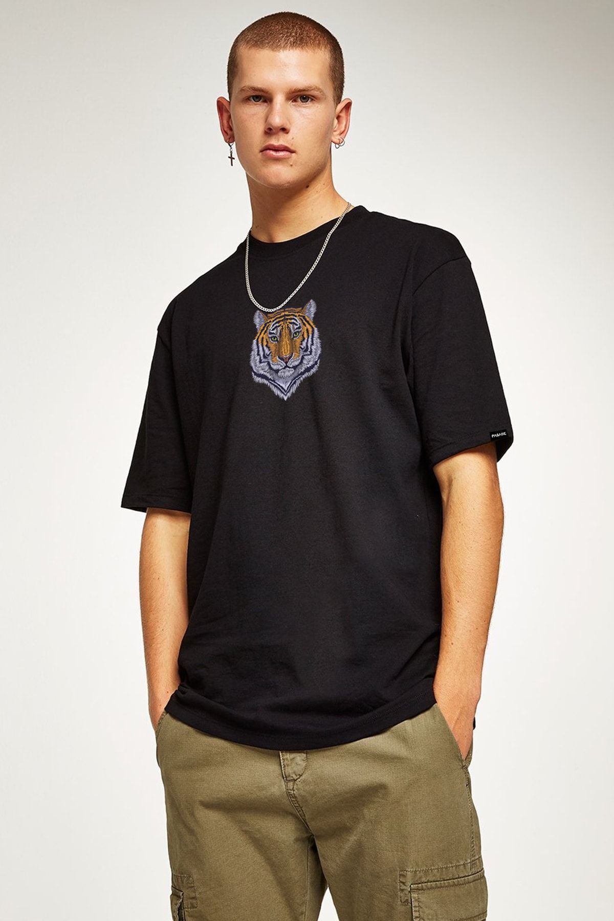 Azurco Oversize Tiger Baskılı Siyah Tshirt