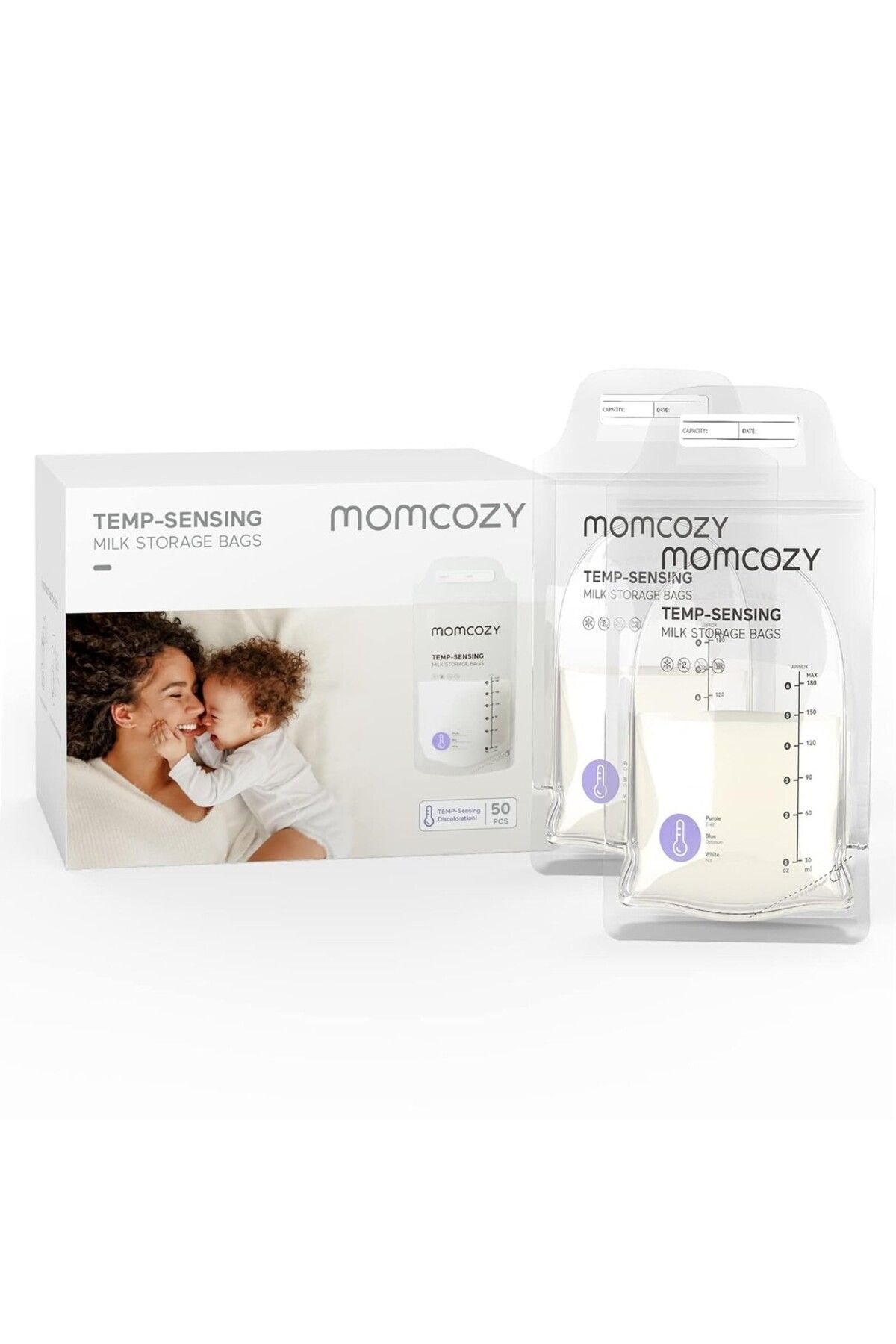 Momcozy Anne Sütü Saklama Torbaları, 50 Adet, Sıcaklık Algılama, Sızdırmaz, 180ml