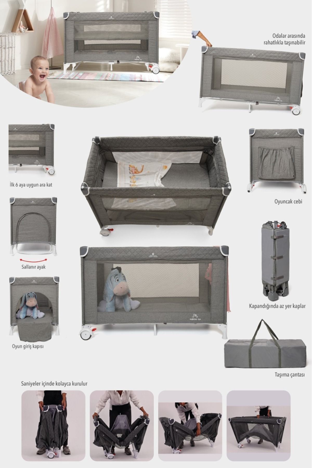 mammi co . Sole Park & Seyahat Ve Oyun Yatağı 60x120 Cm Grey Melange fotoğrafı 3 (önizleme)