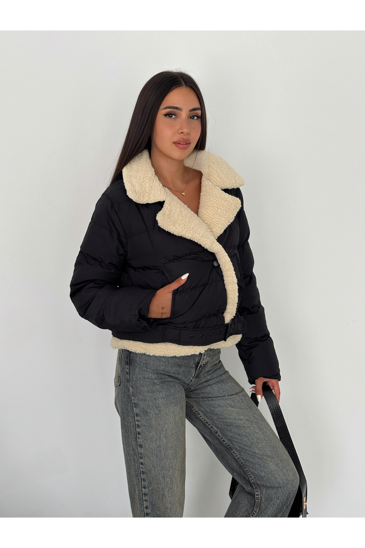 diaves Černý kabátek - dámské boty s dvojitými kapsami a kožešinou uvnitř