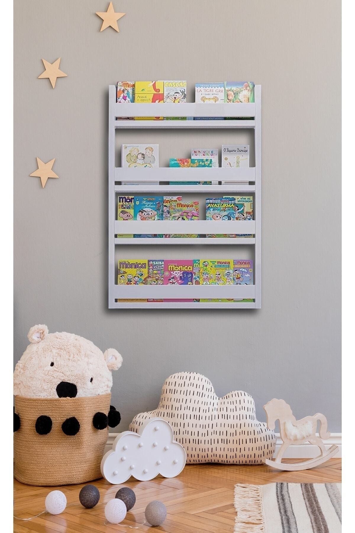 Suntalam Montessori Çocuk Odası Eğitici Kitaplık 4 Raflı Beyaz Kitaplık60x120 Duvara Monte 60 cm Su