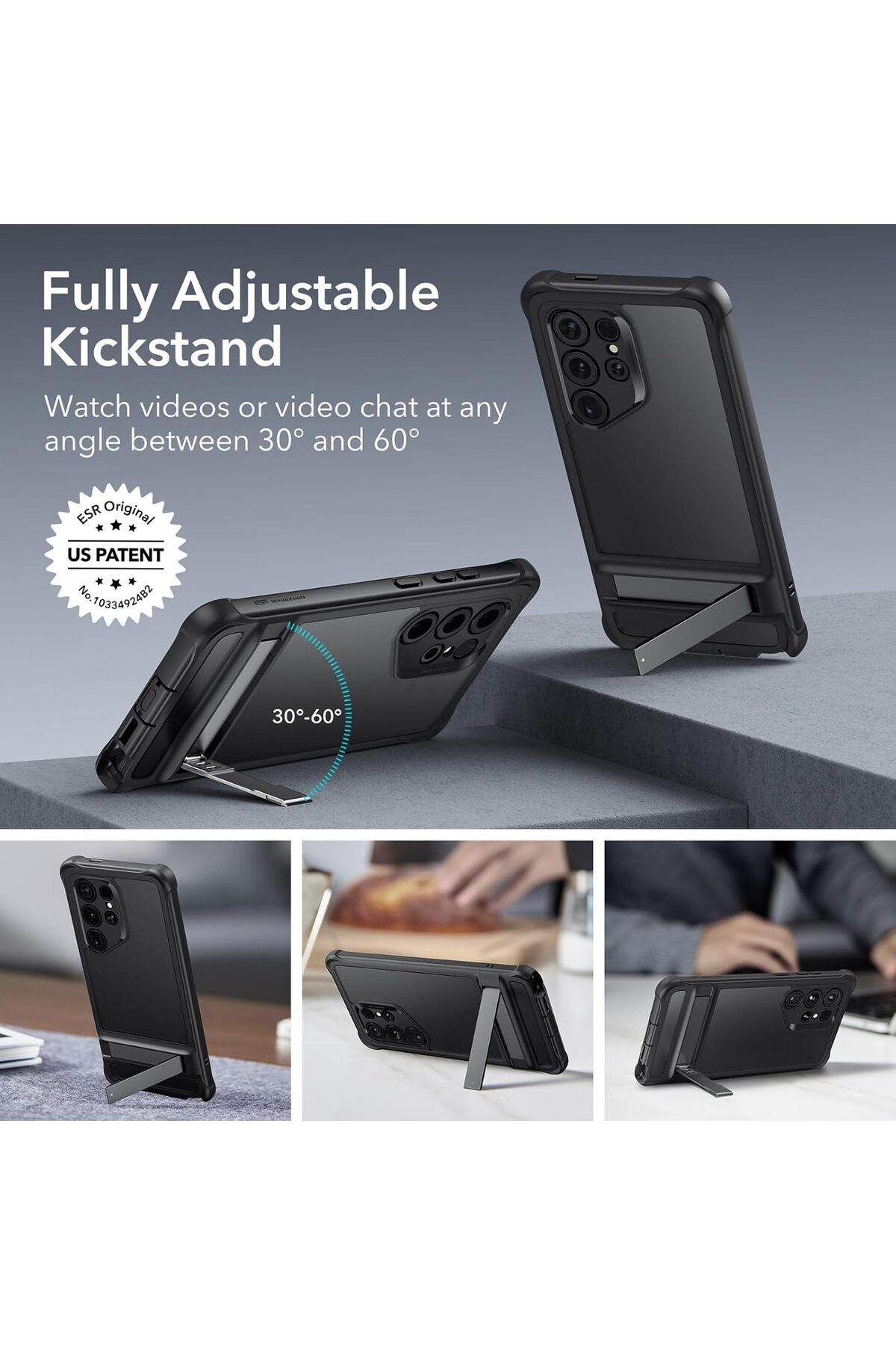 ESR-Samsung S24 Ultra Case, Heavy Duty Shock Armor with Front Frame & 3 Kickstand Modes, Frosted Black 5