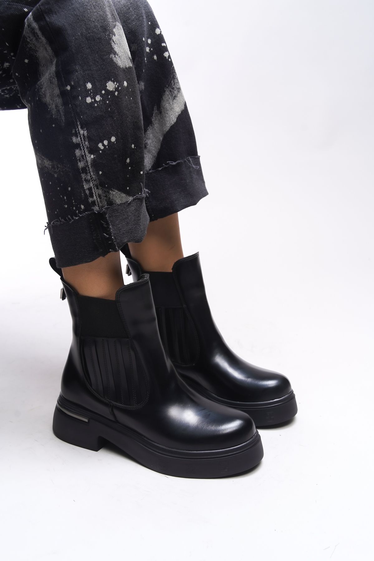 Riccon-Elastische Chealsea-Stiefel für Damen von Khiugiar 00123340   Mattschwarzes Lackleder 1