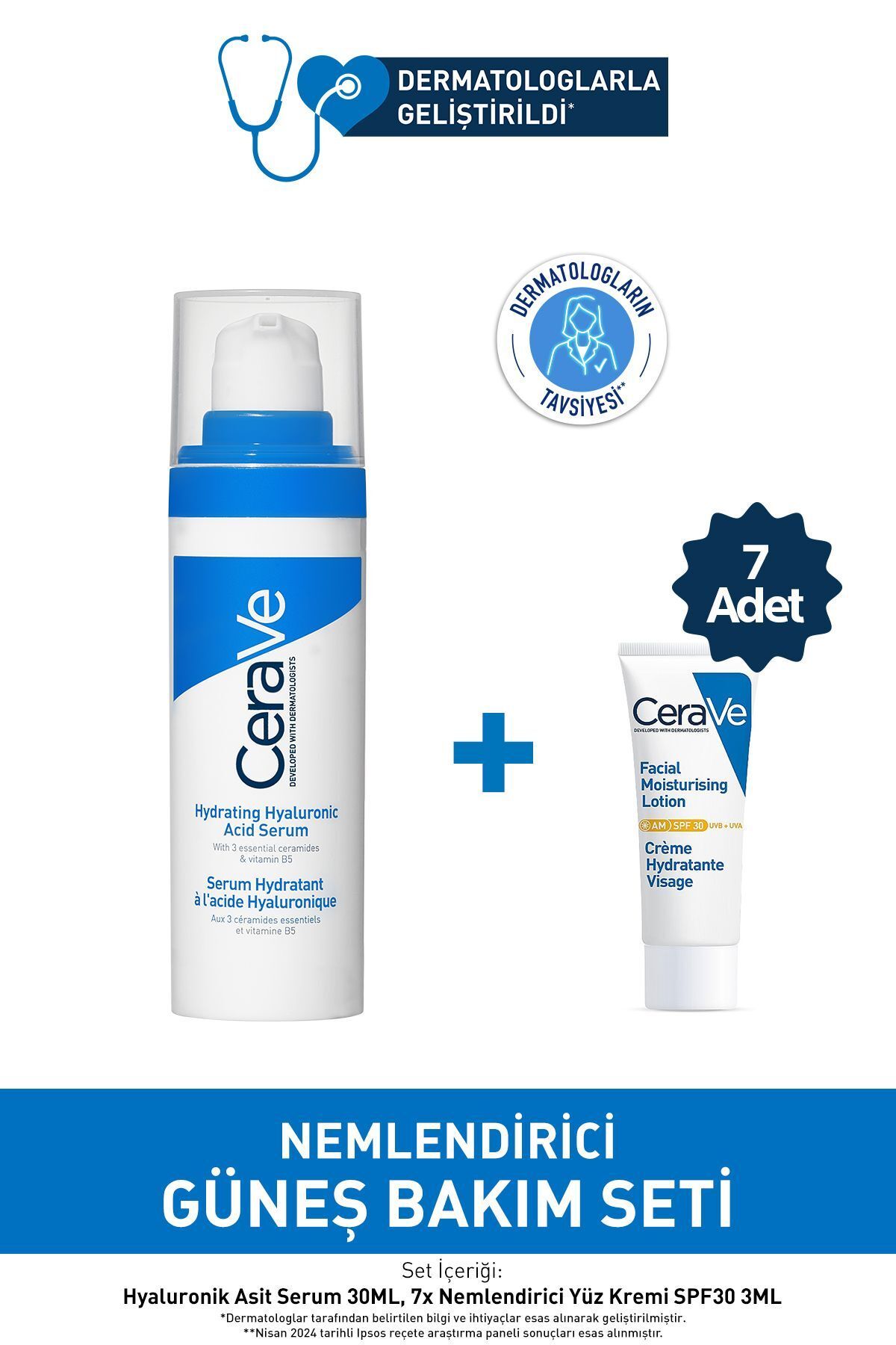 Nemlendirici Güneş Bakım Seti: Hyalüronik Asit Serum 30ml& Nemlendirici Yüz Güneş Kremi SPF 30 3mlx7