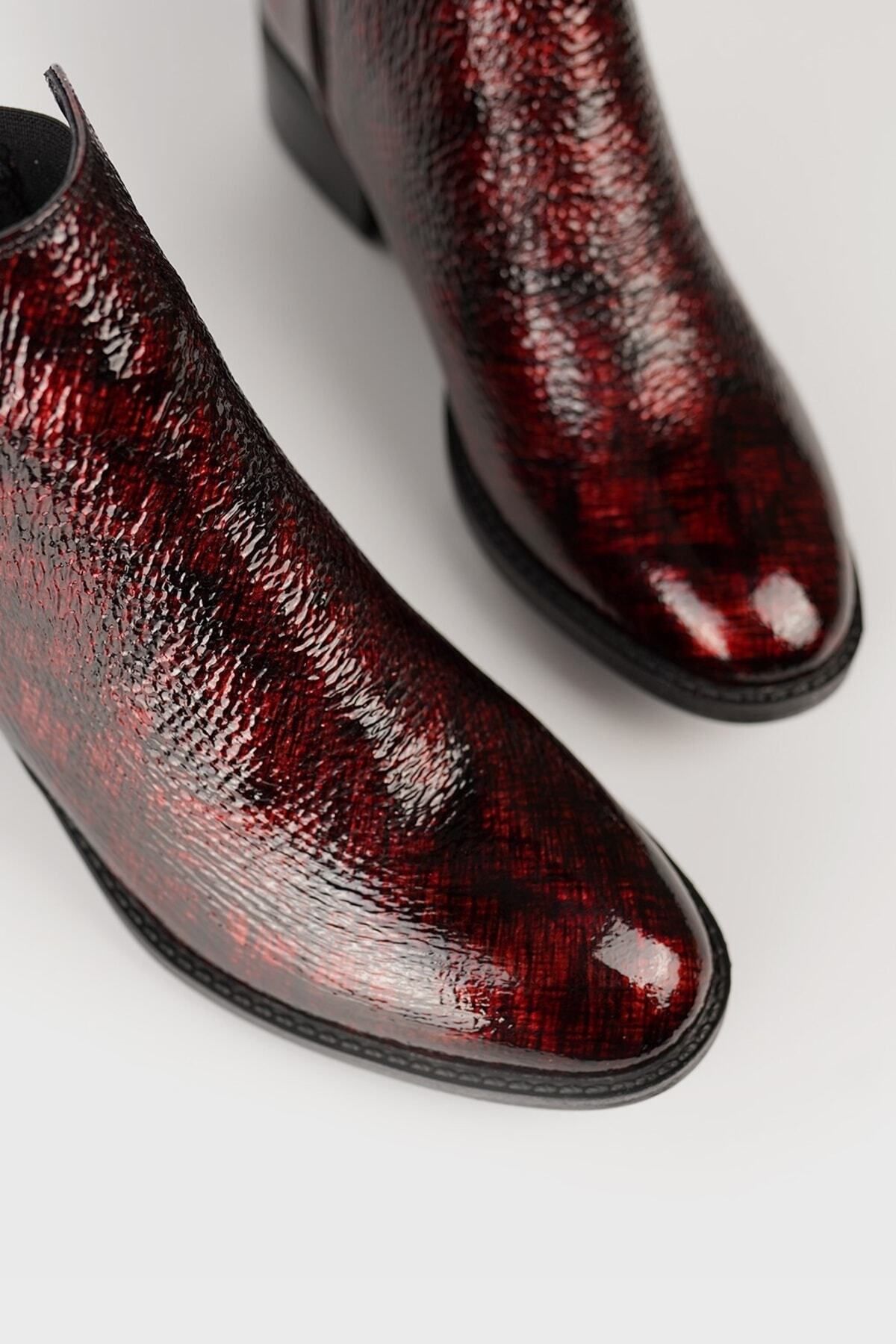 TUNAELLİ-Women's Burgundy Genuine Patent Leather Chelsea Boots & Bootie 3