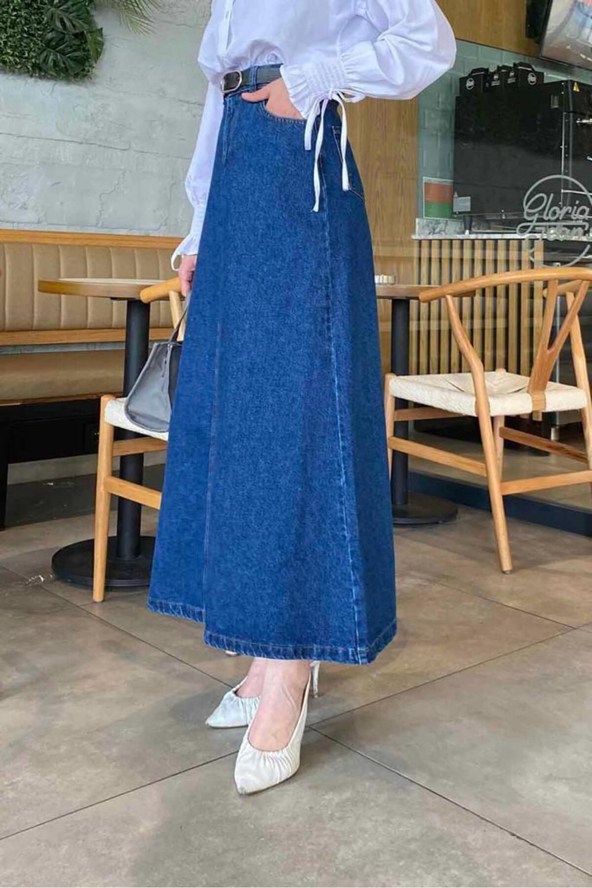 moda periy-تنورة نسائية أساسية متواضعة يومية صيفية موسمية شتوية من قماش الدنيم مع جيوب 2