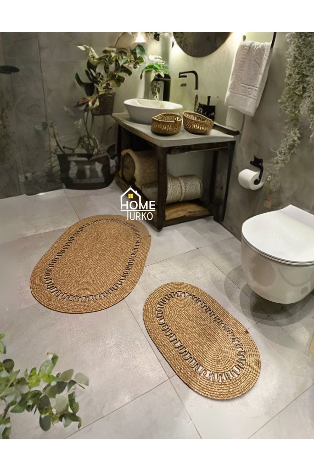 HomeTurko-Set de 2 iuta, paie, preș, covoraș de baie, set de covorașe de baie și coș de baie 3