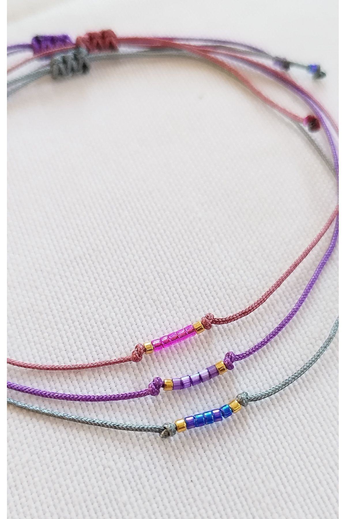 3-Piece Minimal Anklet Pink, Purple, Blue Drawstring Miyuki beaded