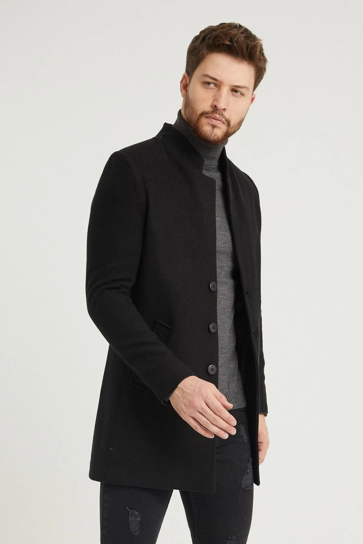 REMA STİL Erkek Siyah Slim Fit Dik Yaka Kaşe Kaban görsel 2