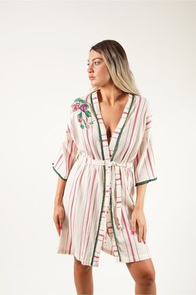 ANTERİ Kadın Kimono Kaftan - Geleneksel Dokuma Kumaş Kanaviçe Detaylı Özel Ta...