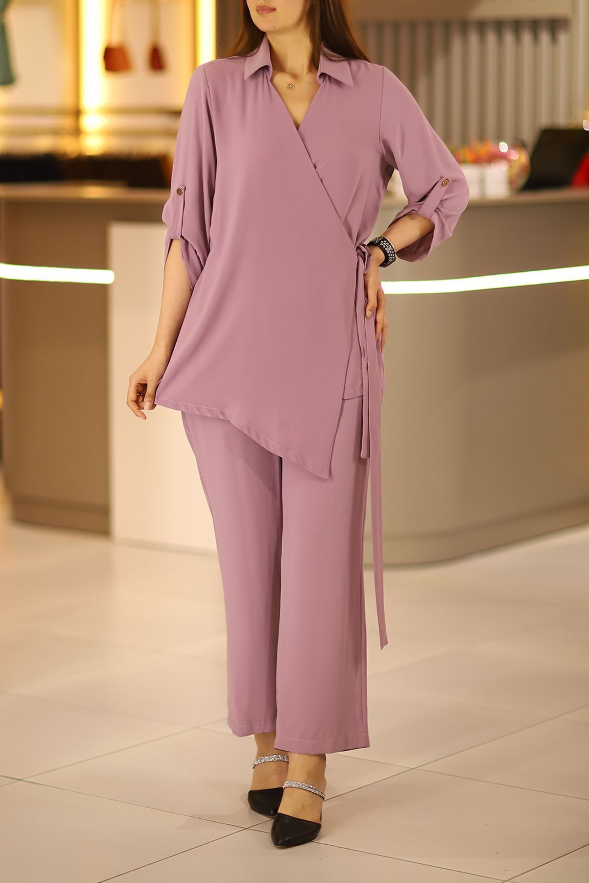 THE Q STUDİO-Plus Size Lilac Shirt and Trousers Set - Cuff Button Detail 5