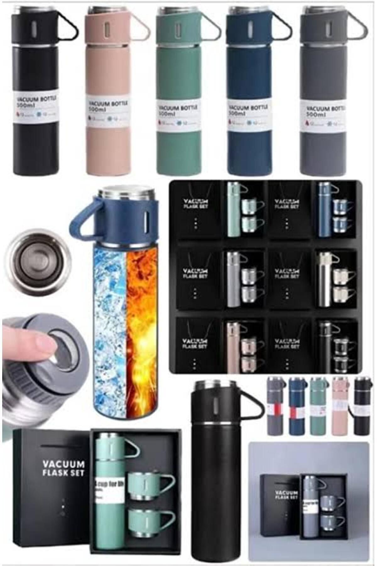 Dobest Paslanmaz Çelik Termos 3 Bardaklı Termos Seti Vakumlu Termos Set Termos1