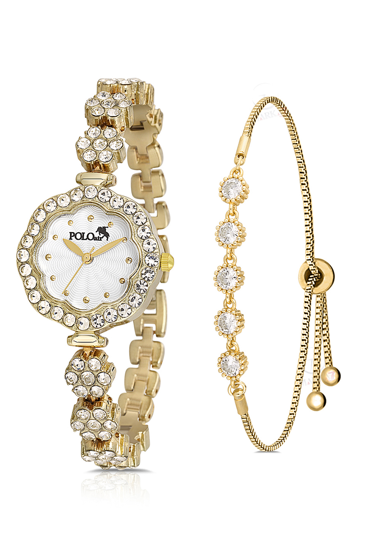 Polo Air Lüx Taşlı Vintage Kadın Kol Saati Zirkon Taşlı 5 Taş Bileklik Kombin Gold PL-1500B1