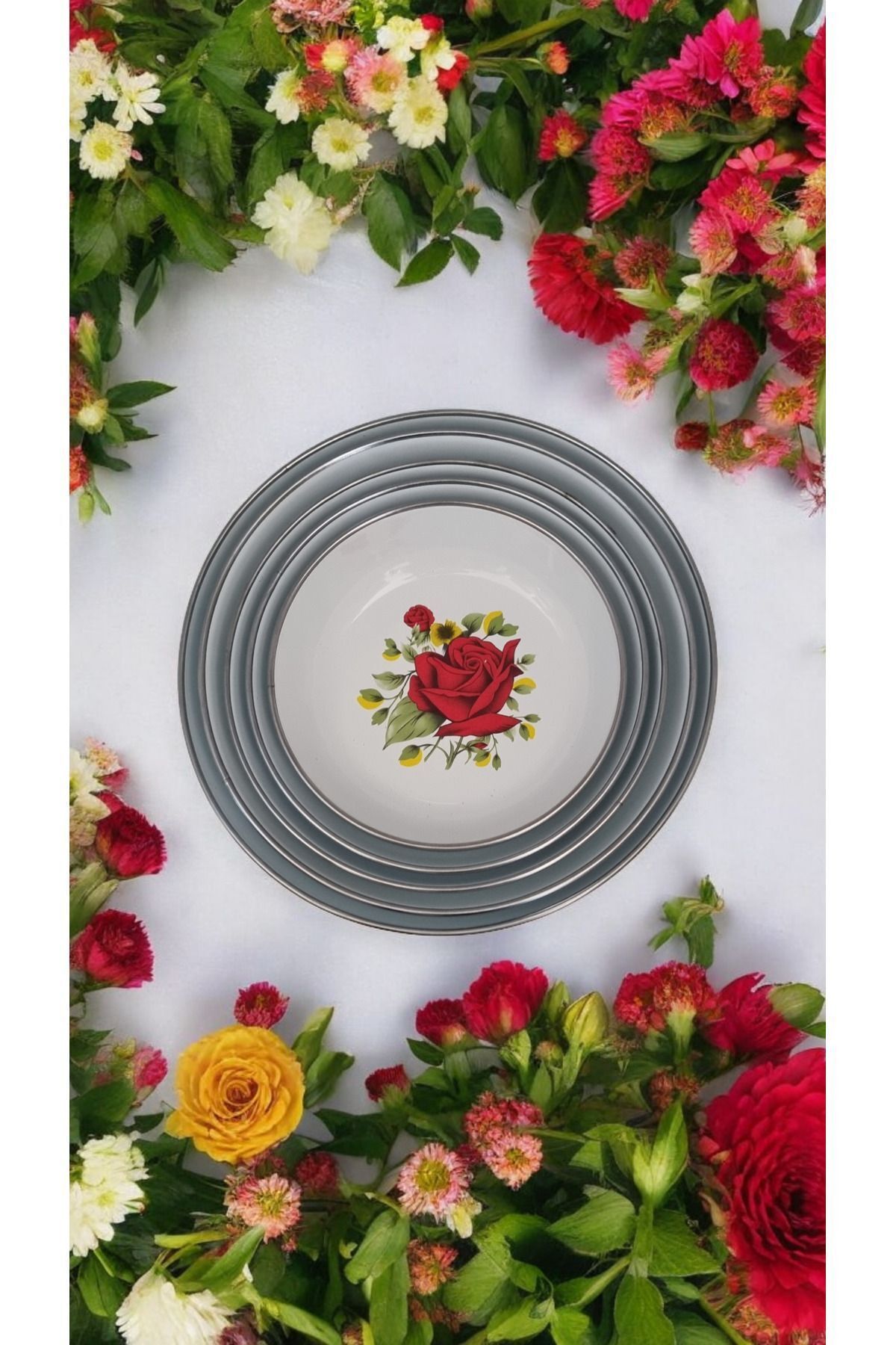 Emaye Muhallebi Yemek Kahvaltı Tabak Desenli Kase , Çukur Tabak, Salata Tabak, Cips Tabak 5li Set