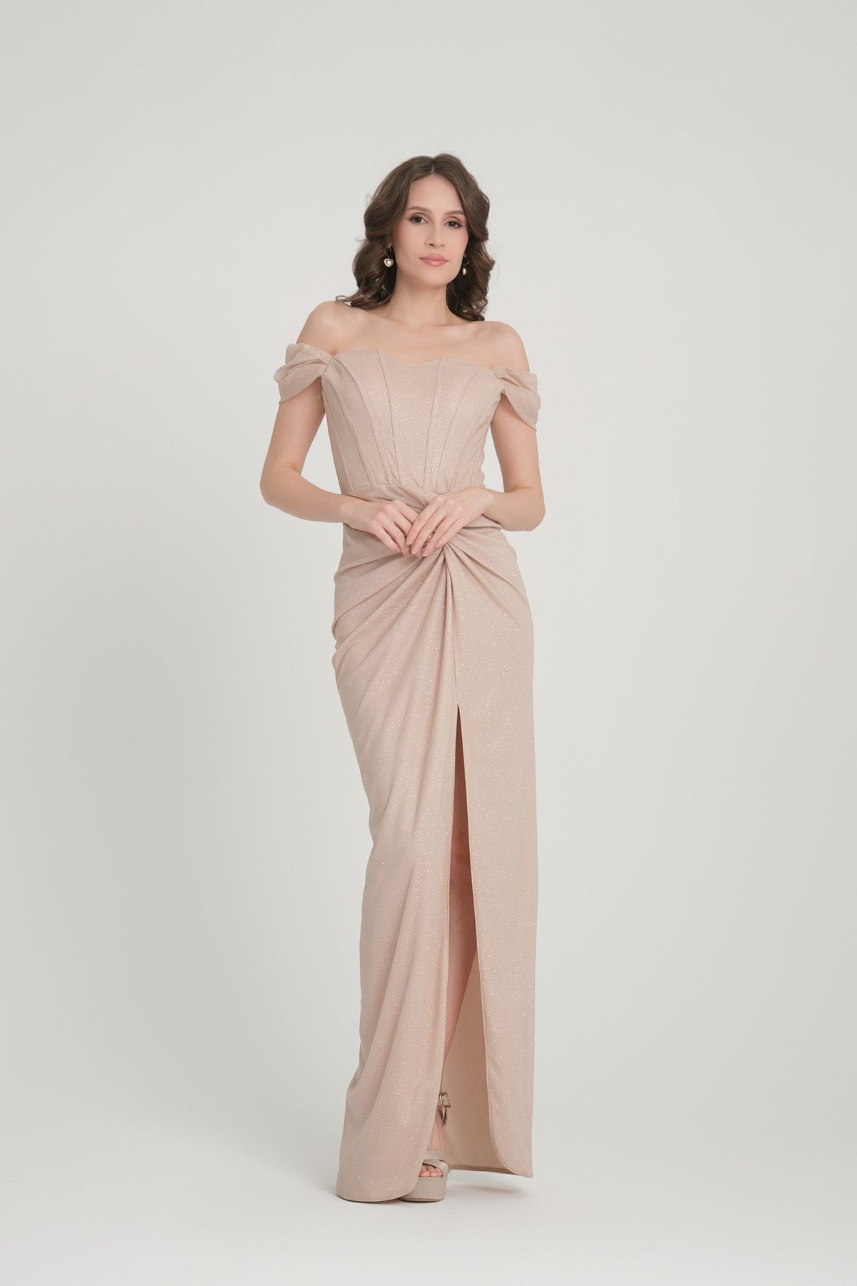 meksila-women's straptes boat neck underwire corset detail long slit with silvery lining engagement invitation evening dress 2