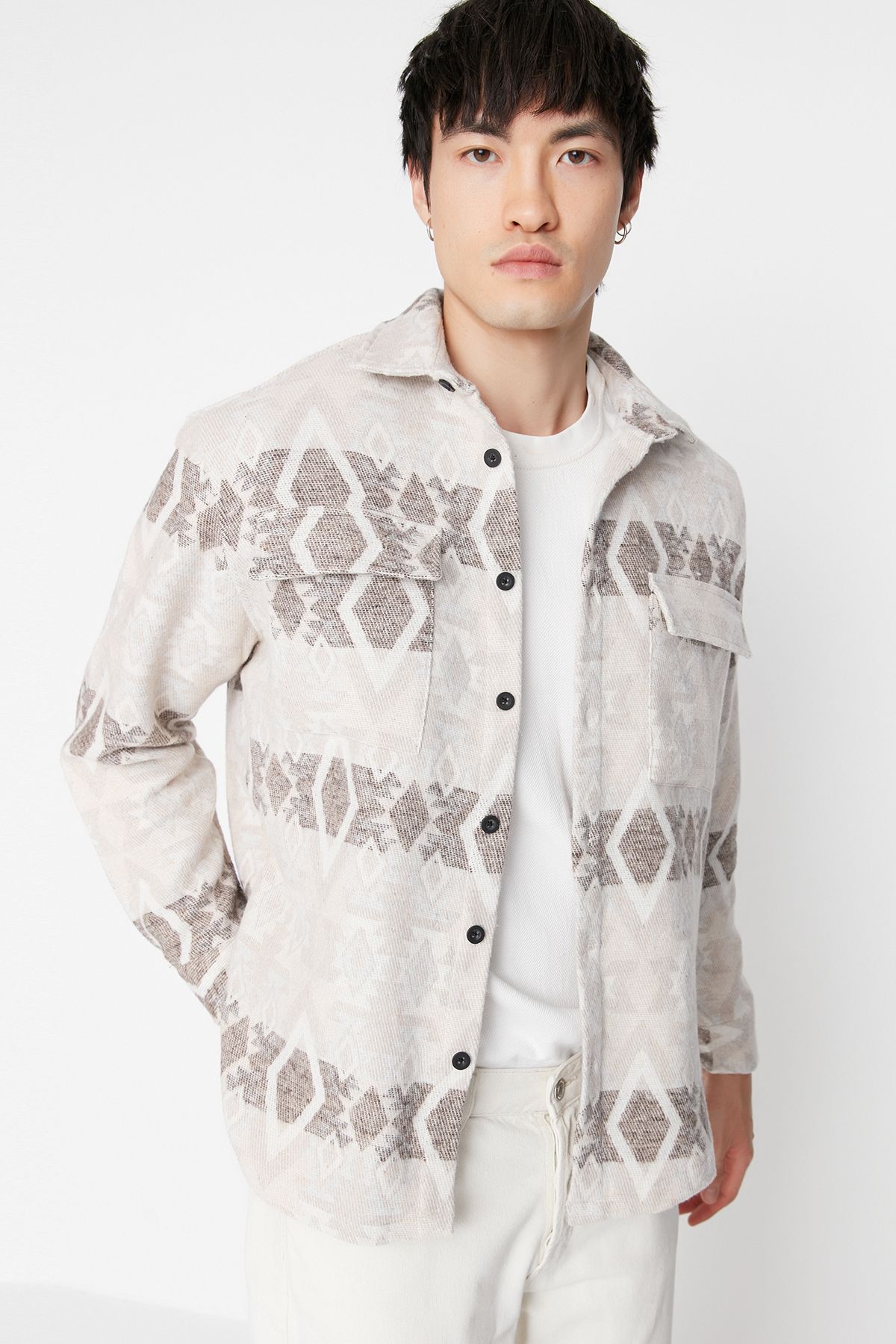 Trendyol Collection-Ecru Unisex Regular Fit Double Pocket Clamshell Ethnic Winter Lumberjack Jacket Shirt TMNAW23GO00119 3