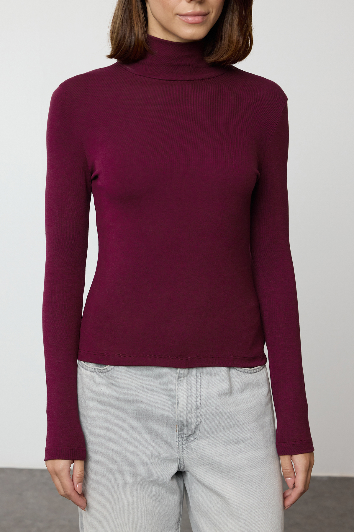 Trendyol Collection Rolák Burgundsko Premium elastická halenka - měkká tkanina Twoaw24bz00119