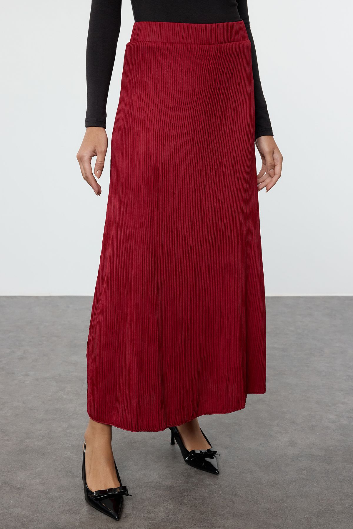 Trendyol Collection-Spódnica midi w kolorze czerwonego wina w kształcie litery A - elastyczna talia i podszewka Twoaw25et00060 3