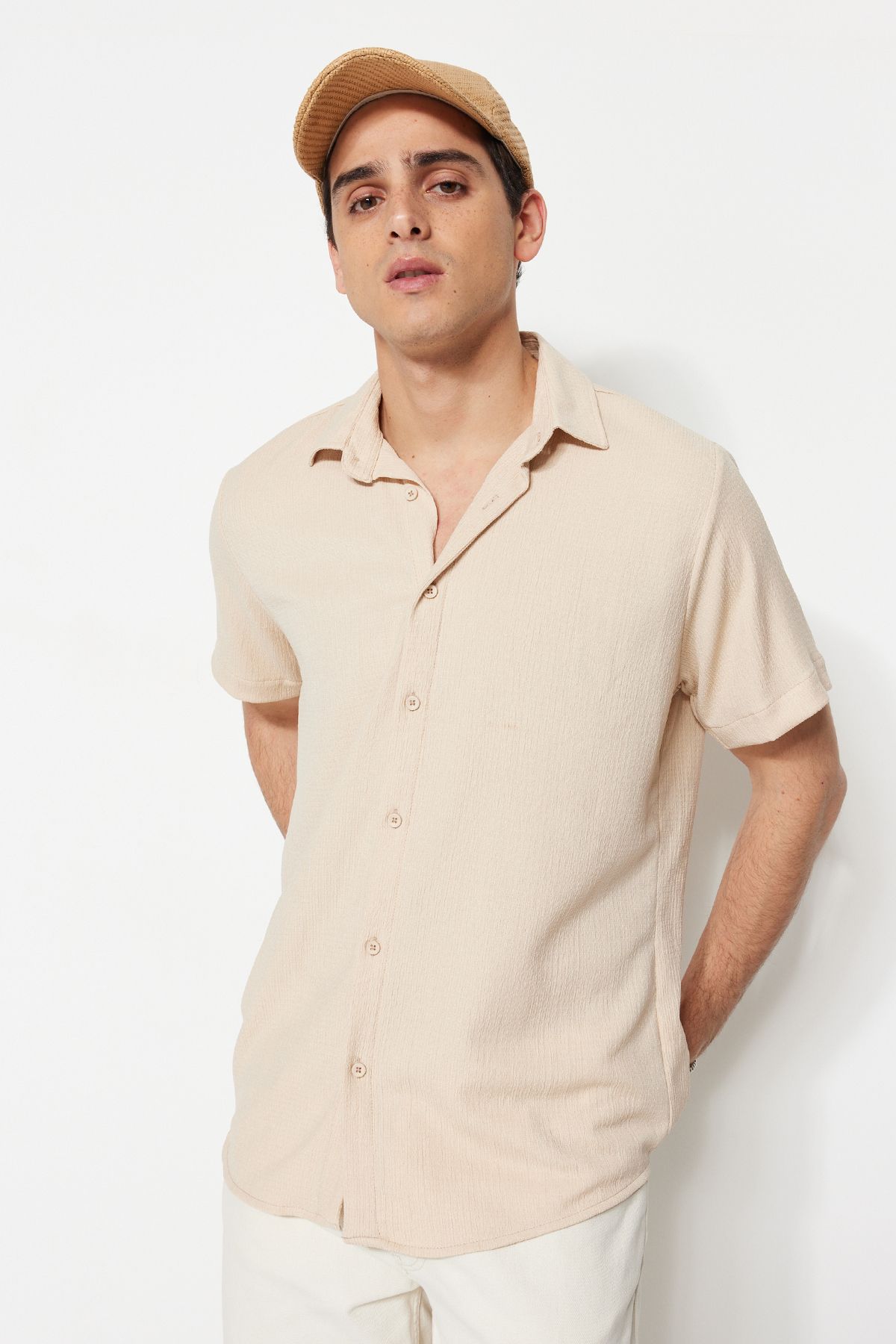 Trendyol Collection-Cămașă tricotată înfășurată cu textura de vară - piatră, croială obișnuită, mânecă scurtă TMNSS23GO00055 4