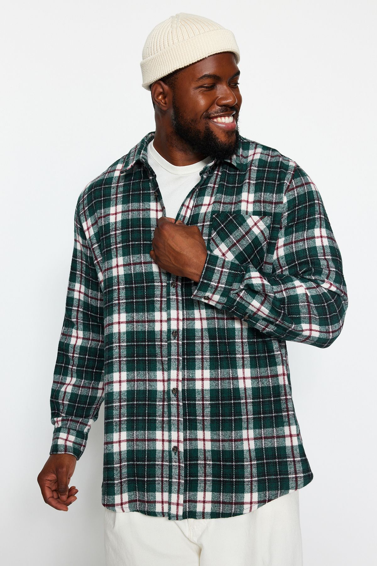 Trendyol Collection-Плюс размер зелена риза Lumberjack - яка с копчета, карирана кройка TMNAW24AX00005 3