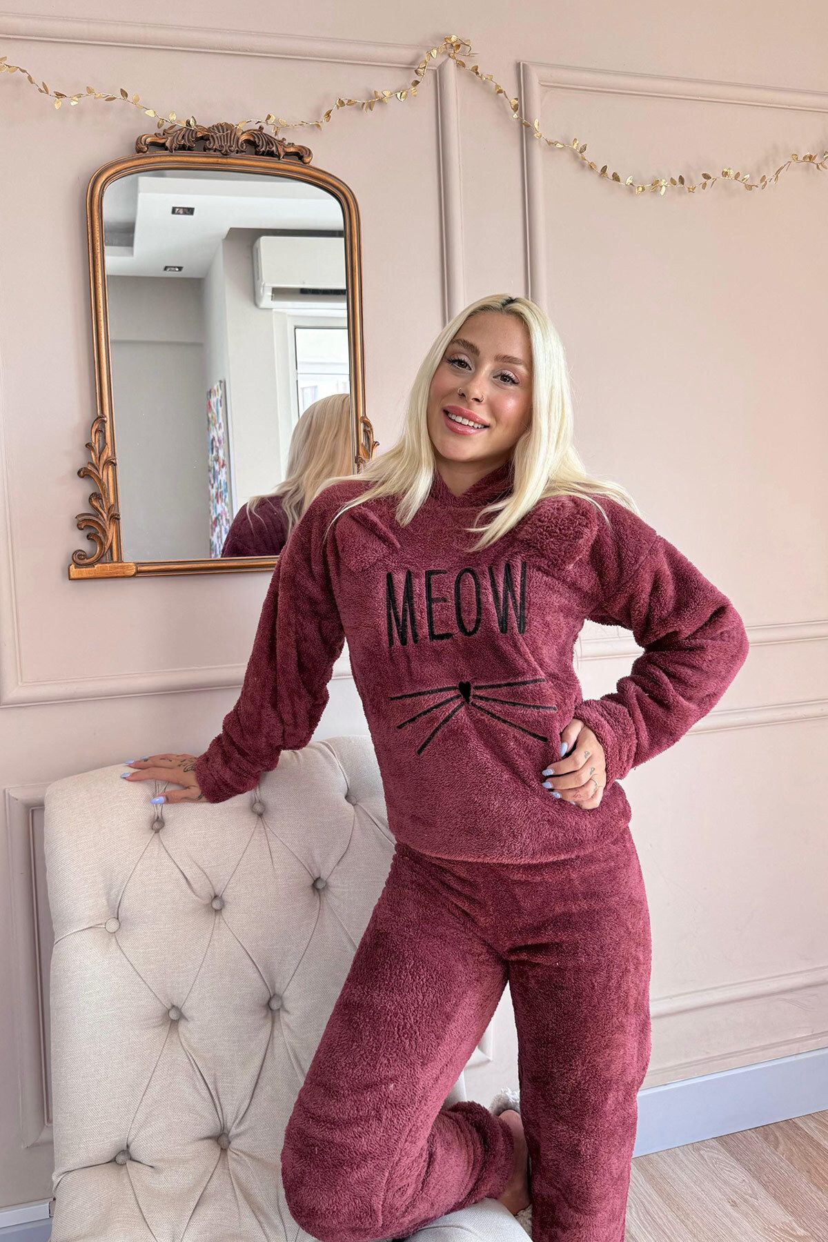 Pijamaevi-Full Plush Claret Red Meow Patterned Pajama Set 5