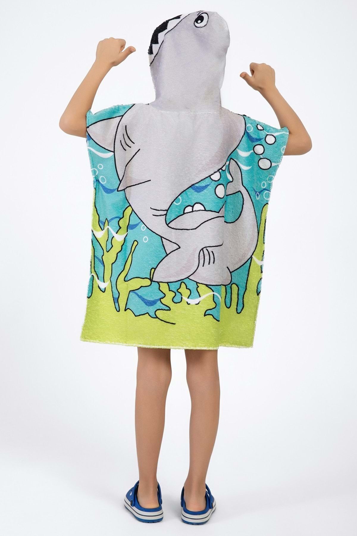 VEVİEN HOME-Shark Patterned Poncho Beach Towel for Kids 4