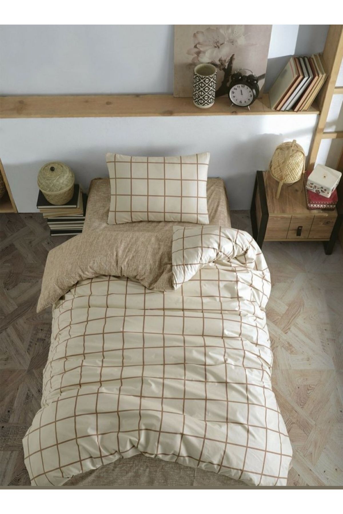 TEK KİŞİLİK KREM+BEJ LASTİKLİ ÇARŞAFLI NEVRESİM TAKIMI,120x200+35cm, 155x230 Nevresim 3