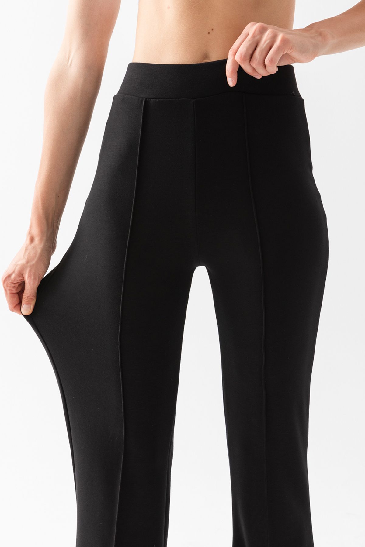 CNRCollection-Black High Waist Ribbed Modal Fabric Spanish Leg Leggings - Flexible and Recovery 2