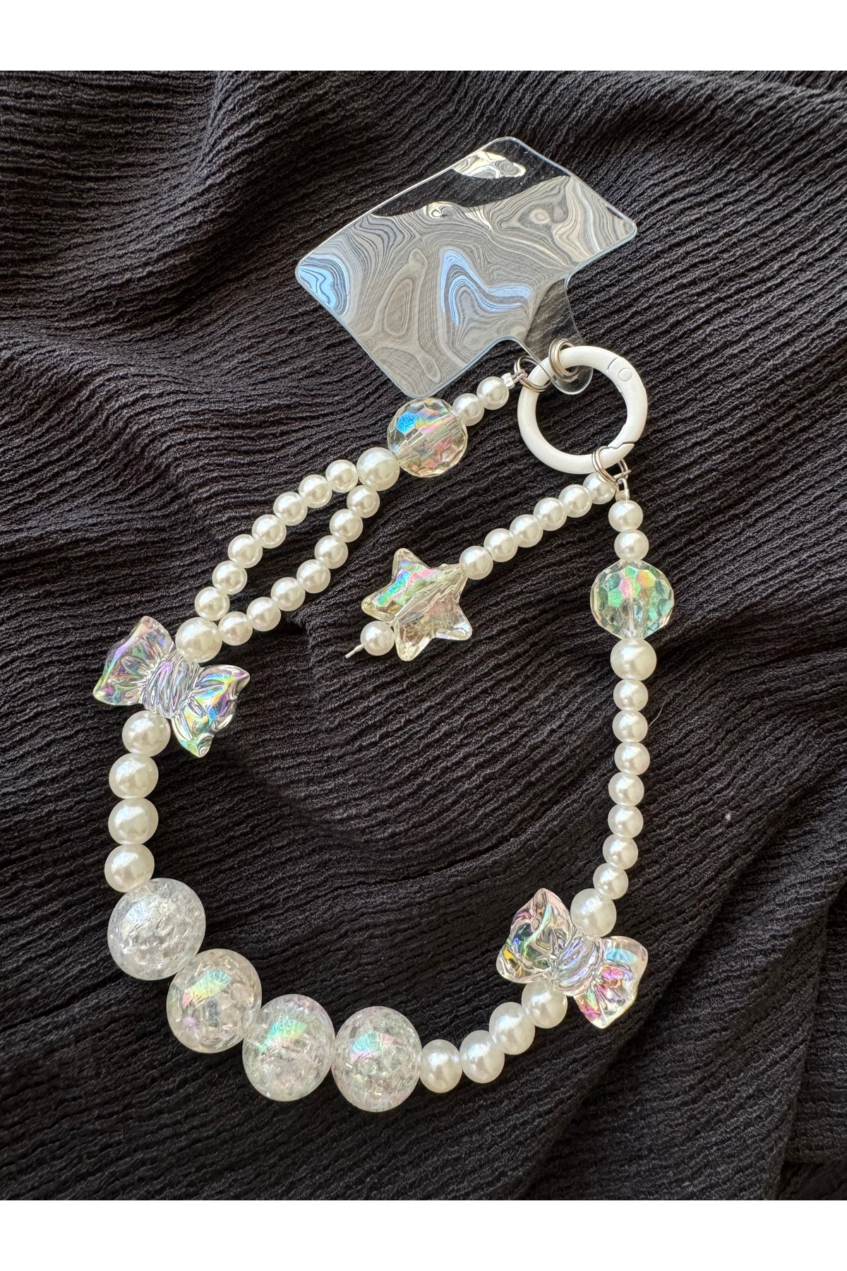 FİŞNEİLETİŞİM KURDELE YILDIZ FİGÜRLÜ İNCİLİ TELEFON ASKISI CHARM