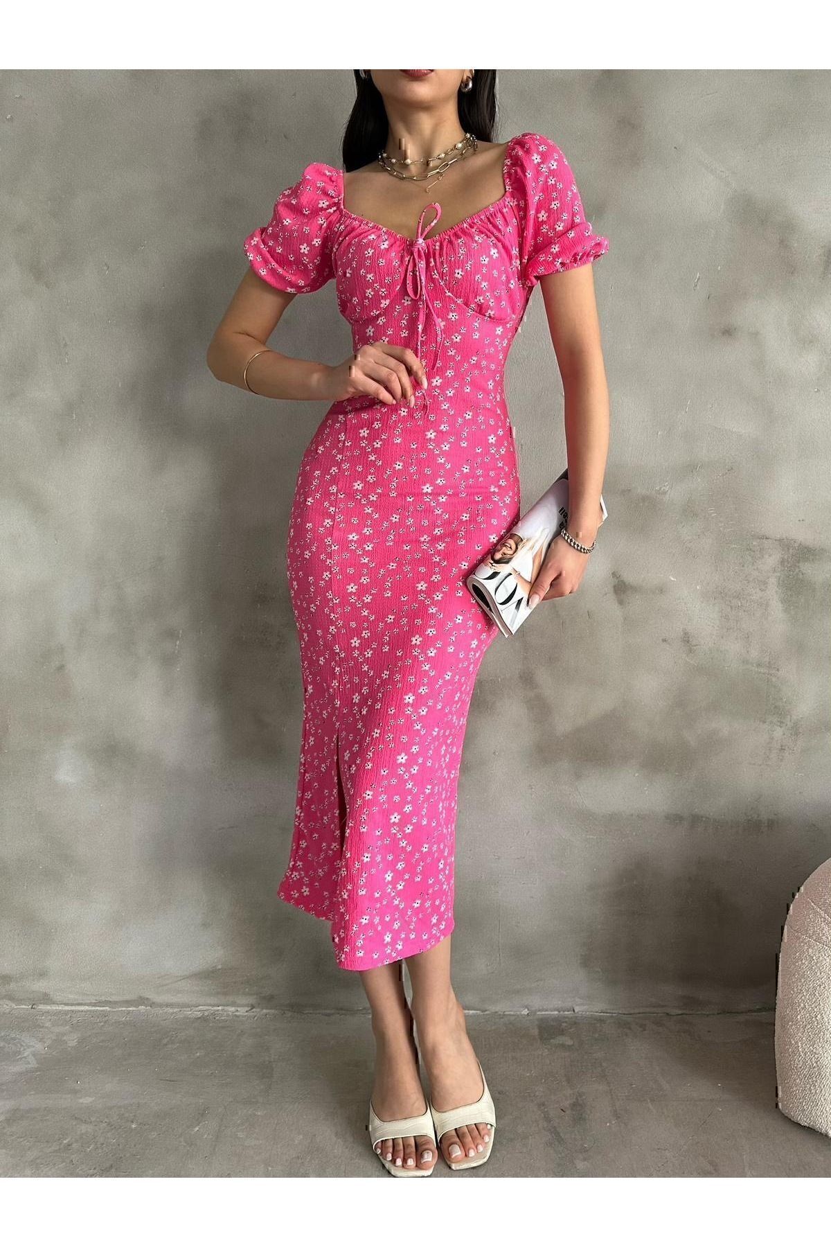 Yazlık Çiçek Desen Karpuz Kol Yırtmaç Detay Elbise - Pembe
