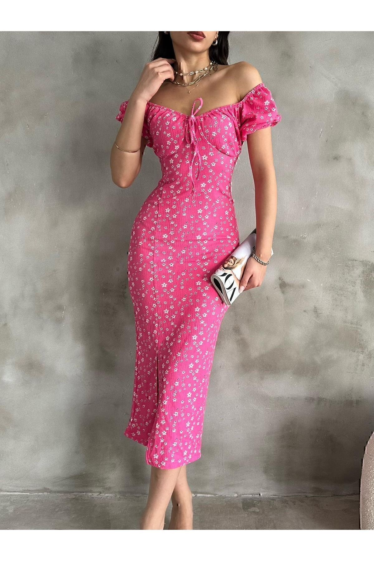 Yazlık Çiçek Desen Karpuz Kol Yırtmaç Detay Elbise - Pembe