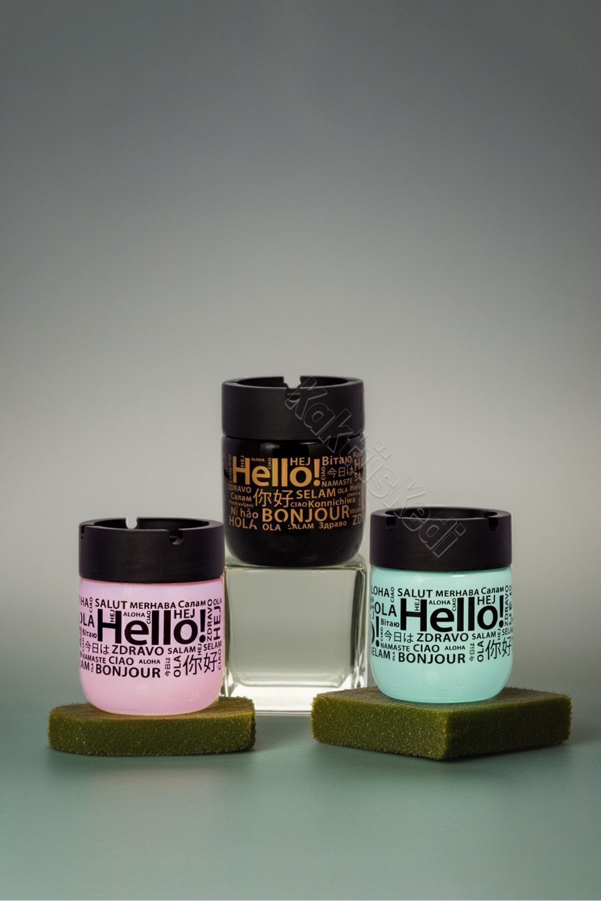 KaktüsKedi-Set of 4 Hello Patterned Unscented Glass Ashtray 425 CC 3